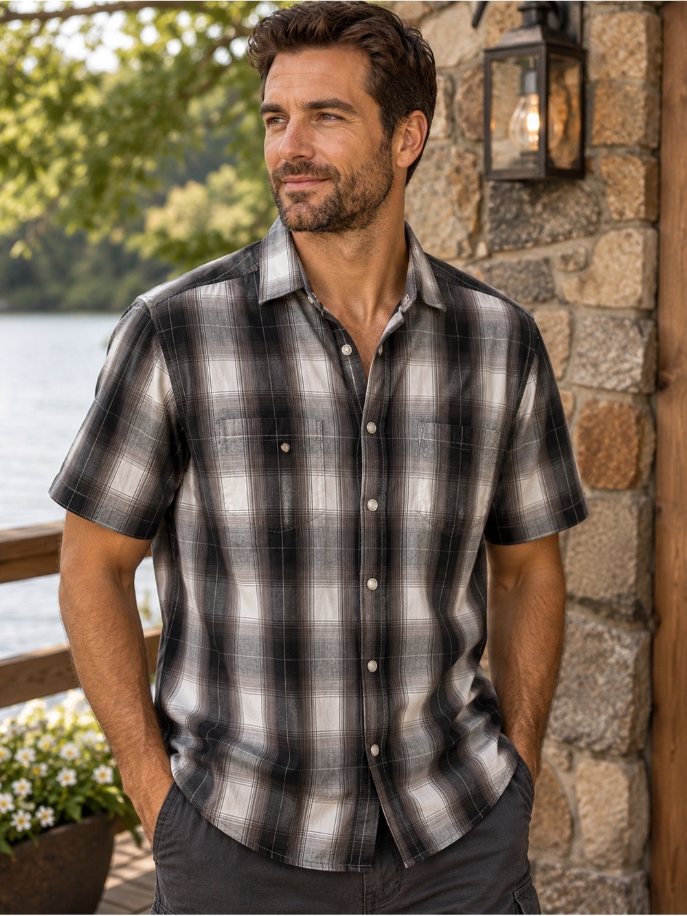 XG Men’s Plaid Snap Button Short Sleeve Shirt Size M 100% Cotton